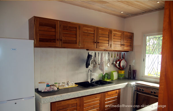 Cuisine américaine entièrement équipée Cuisine américaine entièrement équipée et fonctionnelle, frigo, lavabo, cafetière, batterie de cuisine, cuisinière...