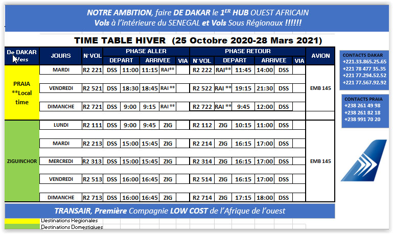 2 vols quotidiens le matin et l'après midi départ de Dakar et de Ziguinchor tous les jours de la semaine