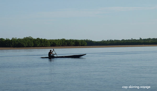 pêcheur en pirogue navigant sur les bolongs